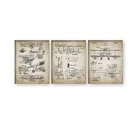 Yimesoy Affiche De Plan De Brevet d'avion Biplan Vintage Et Impression Aviation 3 Pièces Photos Murales Peinture sur Toile pour Salon Décor À La Maison 12"X16"X3Pcs