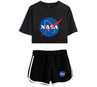 YIMIAO Fille Femmes NASA Logo Été T-Shirt et Shorts T-Shirts à Manches Courtes National Space Galaxy Imprimer Summer Ensembles de sport(L)