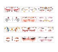 YIMINGOUFEI Lot de 12 feuilles d'autocollants de maquillage imperméables pour visage d'Halloween - 160 mm x 60 mm