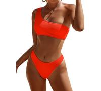 YIMISAN Ensemble Bikini côtelé pour Femme, Haut à épaule dénudée et Bas avec Taille mi-Haute, Maillot de Bain Deux pièces, Orange, Taille M