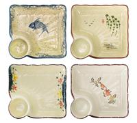 YIMITEE Lot de 4 assiettes à raviolis en céramique avec soucoupe, plateau japonais à sushi de 18 cm, assiette à frites et à tremper, plat de service divisé pour apéritif, charcuterie, dessert, salade