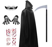 YIMOJOY Ensemble Cape Halloween Hommes,Cape Halloween Costume Noir avec Sense & Scars Tattoos,Cape Halloween unisexe avec capuche Faucheur Cape 190CM Vampire Costume pour Cosplay Carnaval(XL)