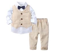 Yimutian Garçon Costume de Baptême Bébé Chemise Manche Longue et Gilet et Pantalon avec Noeud Papillon Ensemble Mariage Cérémonie Beige 9-12 mois