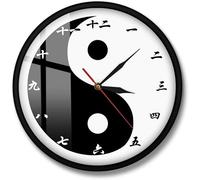 Yin Yang Horloge Murale Moderne avec Chiffres Chinois Art Mural Noir Blanc Taijitu équilibre Symbole Montre Murale, Metal Frame