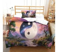 Yin Yang | Philosophie Chinoise Ensemble Literie Microfibre Imprimée Housse de Couette Hôtelière Avec Taies, Fermeture Éclair Cachée, Hypoallergénique, Pour Adultes & Enfants Single（135x200cm）