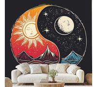 Yin Yang Soleil Lune Étoile Point Papier Adhesif Psychédélique Vintage Univers Mural Vague Montagne Papier Peint 3D Effet 350x256 cm pour Salle de Bain Salon Chambre