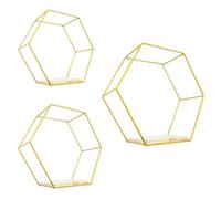 YINBEILIXU Lot de 3 étagères murales hexagonales flottantes en métal doré avec panneaux en bois - Décoration murale moderne pour chambre à coucher, salon et bureau (doré)