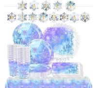 YINcrinx 62PCS Frozen Party Vaisselle Set, Décoration de drapeau de queue de poisson d'anniversaire, Flocons de neige Vaisselle de fête d'anniversaire pour enfants Fête d'anniversair