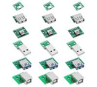 YINETTECH 18pcs USB vers Dip Breakout Adaptateur Convertisseur Mini 5p/2,54mm 4p/2.0 4p/3.0 Plat/Micro USB Type B/Type-B Carré PCB Module de Carte de Dérivation d'alimentation