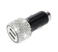 YINETTECH Chargeur de Voiture Double USB Décoration en Cristal Brillant Sécurité de Charge Rapide Compatible avec XS Max/XS/XR/X/7/8/6 et Android Téléphone, Argent