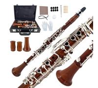 Yinfente Clarinette si bémol pour débutant en palissandre 17 touches nickelé avec 2 barils, étui rigide, kit de nettoyage, embouchure, graisse de liège, gants, roseaux, coussin