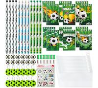 YINGENIVA Lot de 132 sacs de fête avec motif de football, 10 crayons, 12 gommes de football, 12 porte-clés, 12 carnets, 12 taille-crayons, 12 poches transparentes, 60 autocollants de football pour