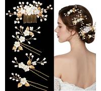 YINGFENG Lot de 4 épingles à cheveux dorées pour mariée, demoiselles d'honneur et filles - Épingles à cheveux pour femme - Avec strass et perles - Pince à cheveux en forme de fleur