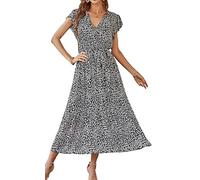 YINGKE Femme D'été Robe Longue Imprimé Floral Wrap Col en V Manches Courtes Ceinture à Volants Ourlet A-Line Bohème Maxi Robes (M, Noir)