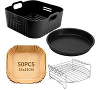 YINGRACE 23CM Accessoires Air Fryer pour Russell Hobbs XXL 8L 8,3L, Cecotec 7,6L, COSORI 6L/6,2L/6,4L, 4PCS Moule Air Fryer XXL avec Grille, Plateau à pizza, Moule Silicone, Papier Cuisson Air Fryer