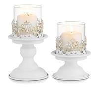 Yingtuwinh Bougeoir RéTro en Fer De Style EuropéEn, avec Couvercle en Verre Coupe-Vent, DîNer Aux Chandelles, Bougeoir pour Lampe à Vent De Centre De Table, Noir, Blanc, Or, 2 PièCes