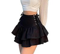 YINGWIN Jupe plissée à volants pour femme - Taille haute - Solide - Croustillant croisé - Style gothique, 1-Noir, S