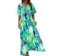 Yinhing Robe Longue pour Femme, Coupe Ample, Manches Courtes, Col en V, Robe Imprimée Unique pour l'été, Rendez-Vous, Vacances, Fête sur la Plage, Vert élégant, Taille XL (S)