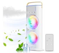 Yinhing Ventilateur Tour de Pulvérisation avec Humidificateur à Brume, Ventilateur de Bureau Rechargeable Rotatif 180 90 avec 3 Vitesses de Vent, Lumière Ambiante Colorée, Poignée Portable pour la