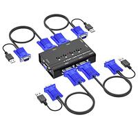 Yinker Commutateur KVM VGA à 4 ports, avec 3 concentrateurs USB 2.0 et 4 câbles KVM, pour 4 ordinateurs pour partager 1 moniteur, clavier, souris et imprimante