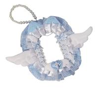 YiNLuax Porte-cartes photo en forme d'aile en peluche avec bordure en dentelle et chaîne de perles en peluche oreilles de chat pour sac porte-clés