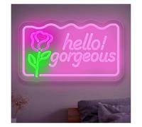 yinung lampe néon Lampe lumineuse LED néon rose « Hello Gorgeous », intensité variable, idéale pour une chambre ou fête (40,6 x 24,2cm)
