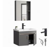YINXSLO Meuble de salle de bain avec vasque, lavabo flottant à fixation murale de 60 cm avec lavabo en céramique et armoire de rangement miroir, pin gris, robinet noir et vidage inclus (gris, 60 x 40