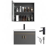 YINXSLO Meuble de salle de bain avec vasque, lavabo flottant à fixation murale de 70 cm avec lavabo en céramique et armoire de rangement miroir, pin gris, robinet noir et vidage inclus (gris, 70 x 47