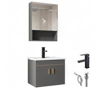 YINXSLO Meuble de salle de bain avec vasque, lavabo flottant mural de 50 cm avec lavabo en céramique et armoire de rangement miroir, pin gris, robinet noir et vidage inclus (gris, 50 x 36 cm)
