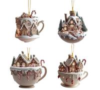 Yiohejy Lot de 4 décorations de sapin de Noël en forme de maison en forme de tasse en acrylique 2D, décoration à suspendre, pour couloir, chambre à coucher, vacances, terrasse, festival en plein air