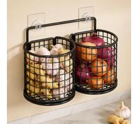 yiokeo Wall Mounted Metal Mesh Kitchen Basket Rack with Adhesive Hooks,No Drilling Hanging Wire Storage Shelf, for Garlic Onion Pasta Spices Fruits Snacks, Kitchen Counter Space Saving (2pcs-Black)
