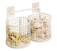 yiokeo Wall Mounted Metal Mesh Kitchen Basket Rack with Adhesive Hooks,No Drilling Hanging Wire Storage Shelf, for Garlic Onion Pasta Spices Fruits Snacks, Kitchen Counter Space Saving (2pcs-White)