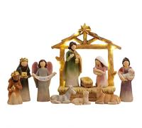 Yiokii Crèche de Noël 12 pièces avec mangeoire, étoile LED, ange avec bannière Gloria, crèche de Noël en bois pour enfants et famille