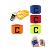YIPFEN Brassards de Capitaine de Football (4 Pièces, 4 Couleurs: Bleu, Rouge, Orange, Jaune Fluo) + 1 Sifflet. Réglable, Antidérapant, Lettre C Imprimée pour Enfants et Adultes.