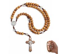 YIPFEN Collier Chapelet Catholique avec Perles en Bois et Pendentif Croix Gravé de l'Image de Jésus-Christ, Idéal pour les Sacrements, Baptêmes, Messes et Lectures Bibliques