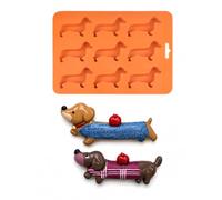 YIPFEN Moule à Glaçons Teckel en Silicone Orange, 1 Bac à Glaçons Forme Chien Saucisse & 2 Magnets Frigo Teckel (Jean, Carreaux) pour Cocktails, Apéritifs & Déco