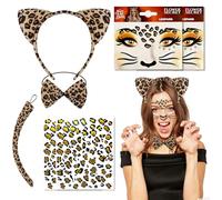 YIQILAIYA Léopard Costume Deguisement pour Femme 7 Pièces, Léopard Oreilles Bandeau Résilient, Queue, Nœud Papillon, Tatouage Visage pour Adultes Kids Carnival Halloween Animaux Cosplay Party