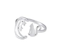 YIQPKUM Anneau Chat Lune Croissant Mignon Réglable Ouvert Cercle Acier Inox Étoiles Bijou Pendentif Style Cadeau Femmes (Plaqué argent)