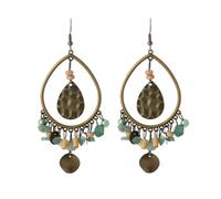 YIQPKUM Boucles d'Oreille Pendantes Lustre Élégant Antique Laiton Goutte pour Femme Éclats Pierre Vert Menthe Boho Bijou Charmes Perles Bois Bohémien Cadeaux (Plaqué or)