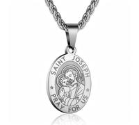 YIQPKUM Collier médaille Saint Joseph pendentif ovale avec inscription de prière chaîne argentée cadeaux inspirationnels religieux (Plaqué Argent)