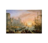 YiQuSoft Claude Lorrain Port de mer au coucher du soleil (1639) Poster d'œuvres d'art sur toile Décoration murale d'intérieur moderne sans cadre 60 x 90 cm