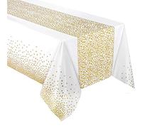 Yiran 137x274cm Nappes de Fête Imperméable, Blanc Nappe de Table Réutilisable, Nappe à Pois Dorés, Couverture de Table, Rectangulaire Nappe en Plastique pour Mariage Anniversaires Noël