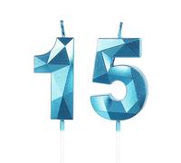 Yiran Bleu Bougies d'anniversaire pour 15 ans, 3D bougie numéro 15, bougies dorées, bougie d'anniversaire pour gâteau, bougies d'anniversaire, décorations de gâteau pour fête d'anniversaire, mariage