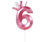 Yiran Bougie d'anniversaire en forme de chiffre 6 (8 cm) rose avec couronne - Décoration de gâteau et de gâteau pour décoration d'anniversaire - Numéro 6