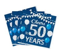 Yiran Cheers to 50th Years Lot de 20 serviettes en papier bleu marine et argenté pour fête d'anniversaire pour homme, femme, elle, lui, 50e anniversaire