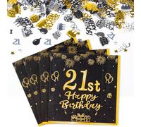 Yiran Decoration Table Anniversaire 21 Ans, 20 Pièces Serviettes Papier et 5g Confettis Anniversaire 21, Deco Table Anniversaire 21 Ans Homme Femme Or Noir Deco Happy Birthday Decoration