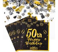 Yiran Decoration Table Anniversaire 50 Ans, 20 Pièces Serviettes Papier et 5g Confettis Anniversaire 50, Deco Table Anniversaire 50 Ans Homme Femme Or Noir Deco Happy Birthday Decoration