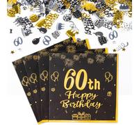 Yiran Decoration Table Anniversaire 60 Ans, 20 Pièces Serviettes Papier et 5g Confettis Anniversaire 60, Deco Table Anniversaire 60 Ans Homme Femme Or Noir Deco Happy Birthday Decoration