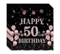 Yiran Lot de 20 serviettes en papier pour fête d'anniversaire 50 ans Noir/or rose