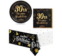 Yiran Noir Or Vaisselle AssietteJetable Anniversaire 37 Pièces,Decoration Anniversaire 30ans Femmes Homme Papier Assiette Jetable Gobelets Serviette Nappe,30e ans Vaisselle Lot 16 Invités